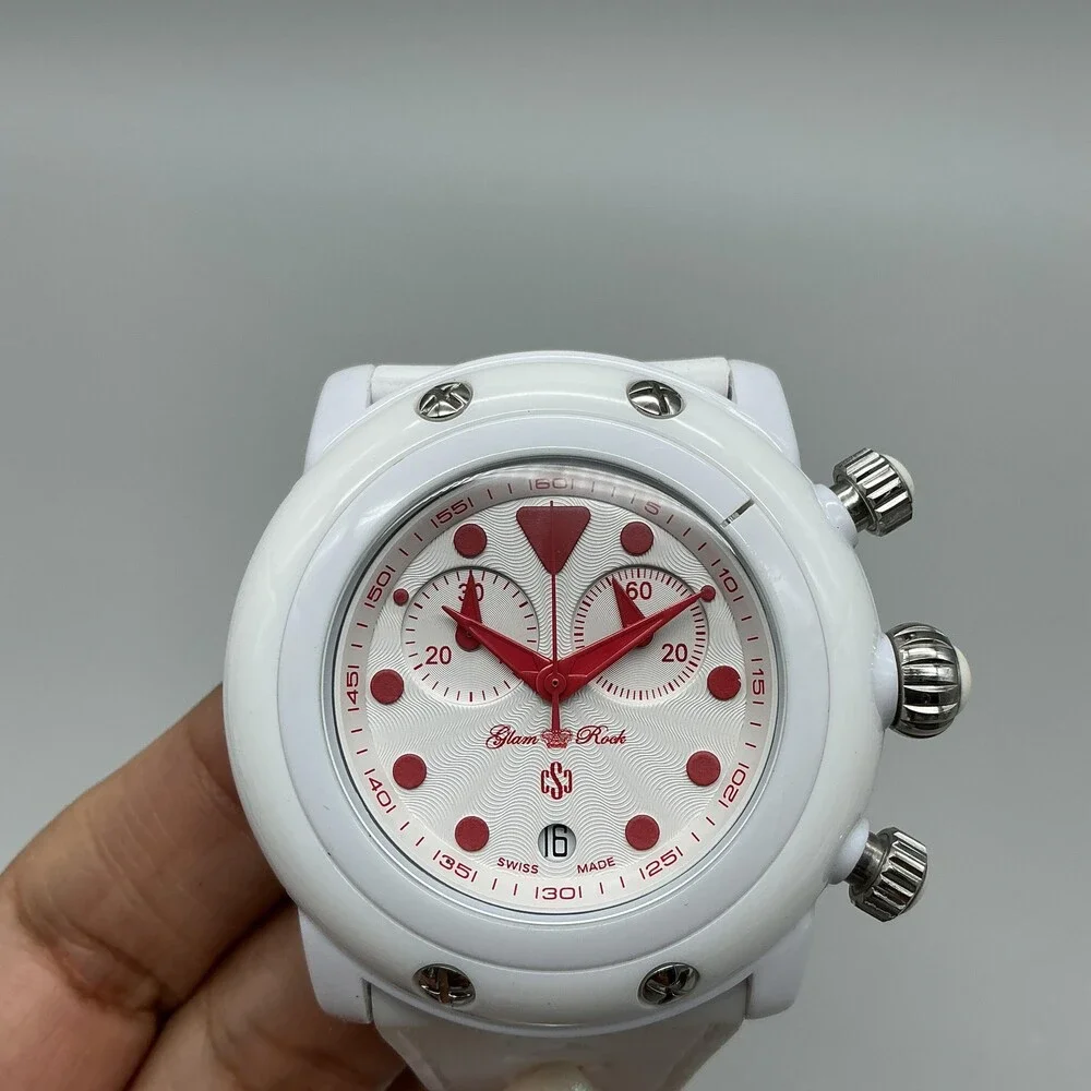 Glam Rock Miami Beach Chronograph Unisex Watch 45mm White Red Date New Battery